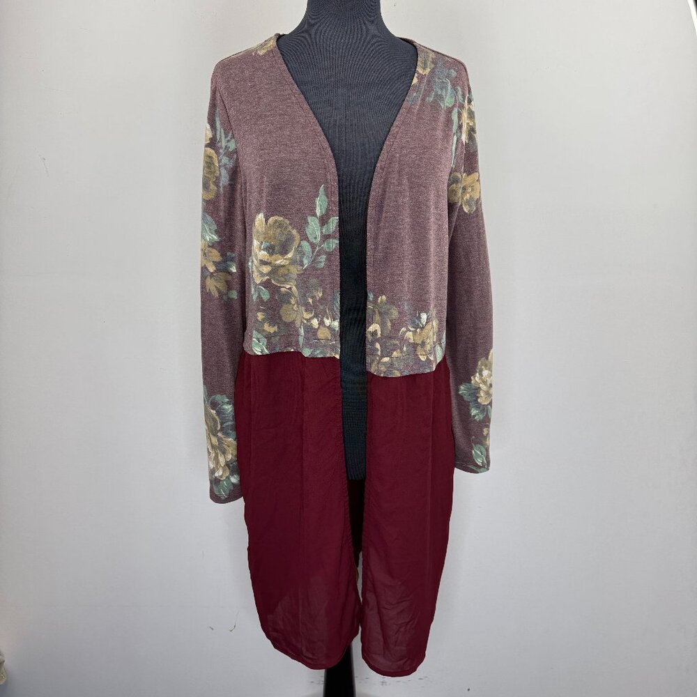 Artizan Robin Barre Floral Mixed Media Duster Cardigan L Sheer Panel‎ Topper